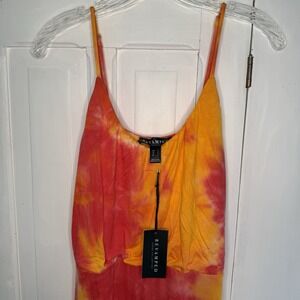 NEW Revamped Long Maxi Dress Size Small Bright Orange Tie Dye Straps Side Slits
